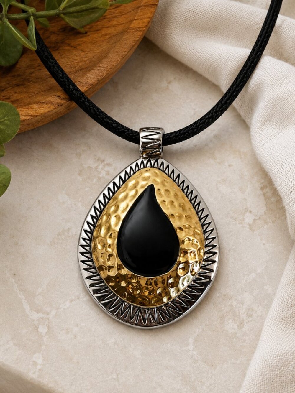 Lia Sophia Black Teardrop Slide Pendant Silver Gold Tone Hammered Statement Piec